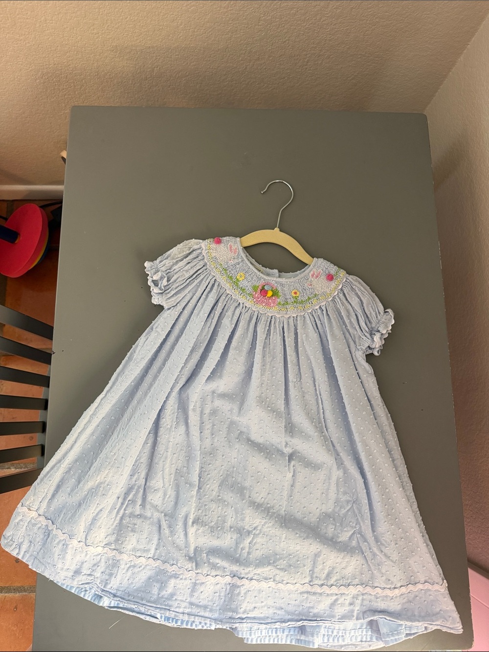marmellata Easter Bunny Rabbit Light Blue Smocked Dress with Floral Embroidery